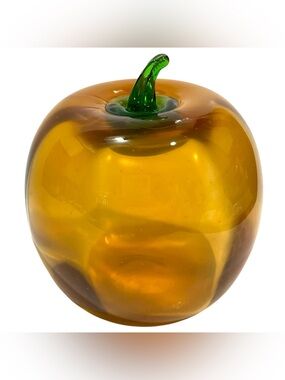 Vintage 1980s Blenko Glass Optic Art Glass Topaz Pumpkin with Green Stem